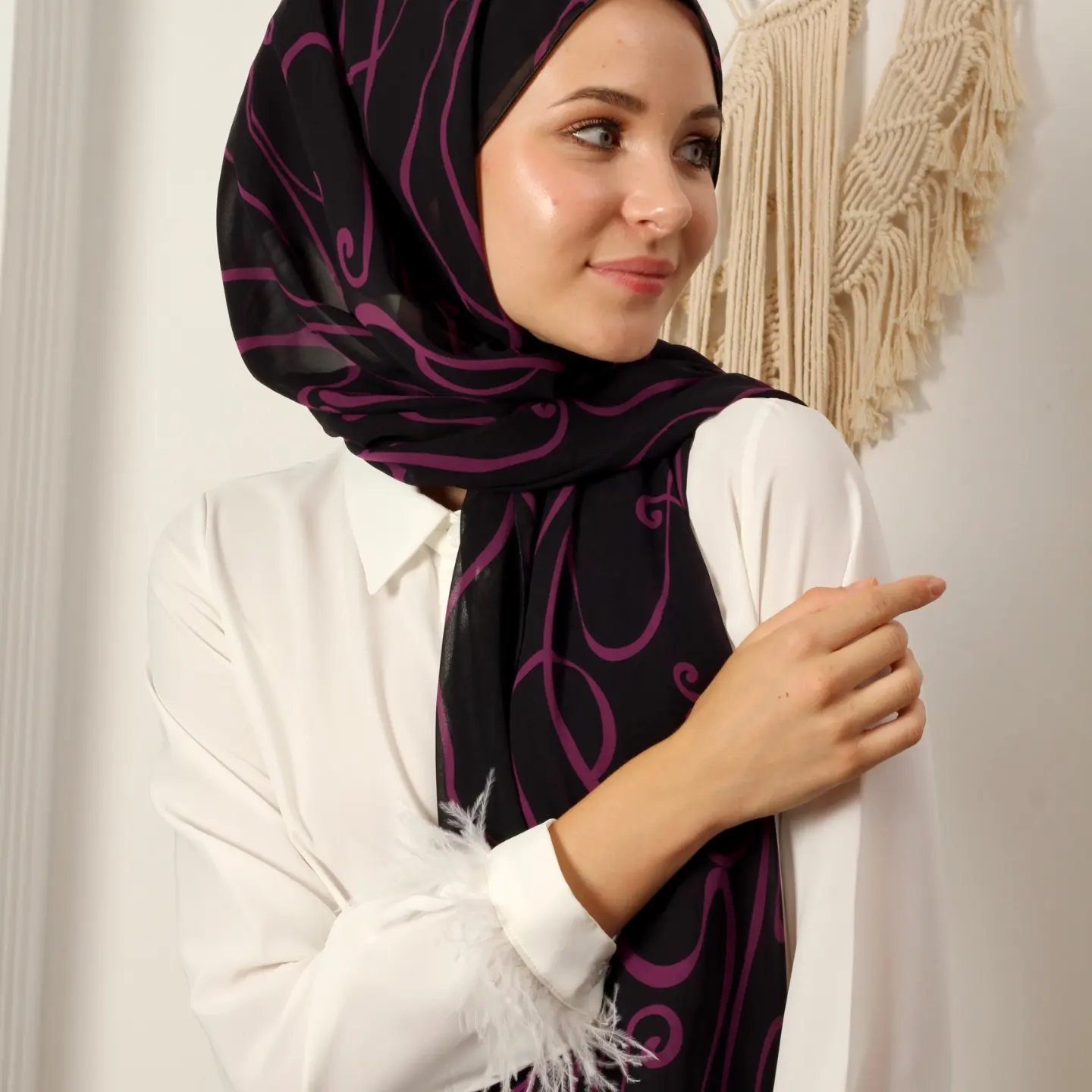 Ay Mina by Dilek Akhisarlı 8012-03 Mor Siyah Desenli Şal